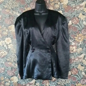 80s Vintage Black Satin Peplum Hourglass Shape Power Blazer Size Medium